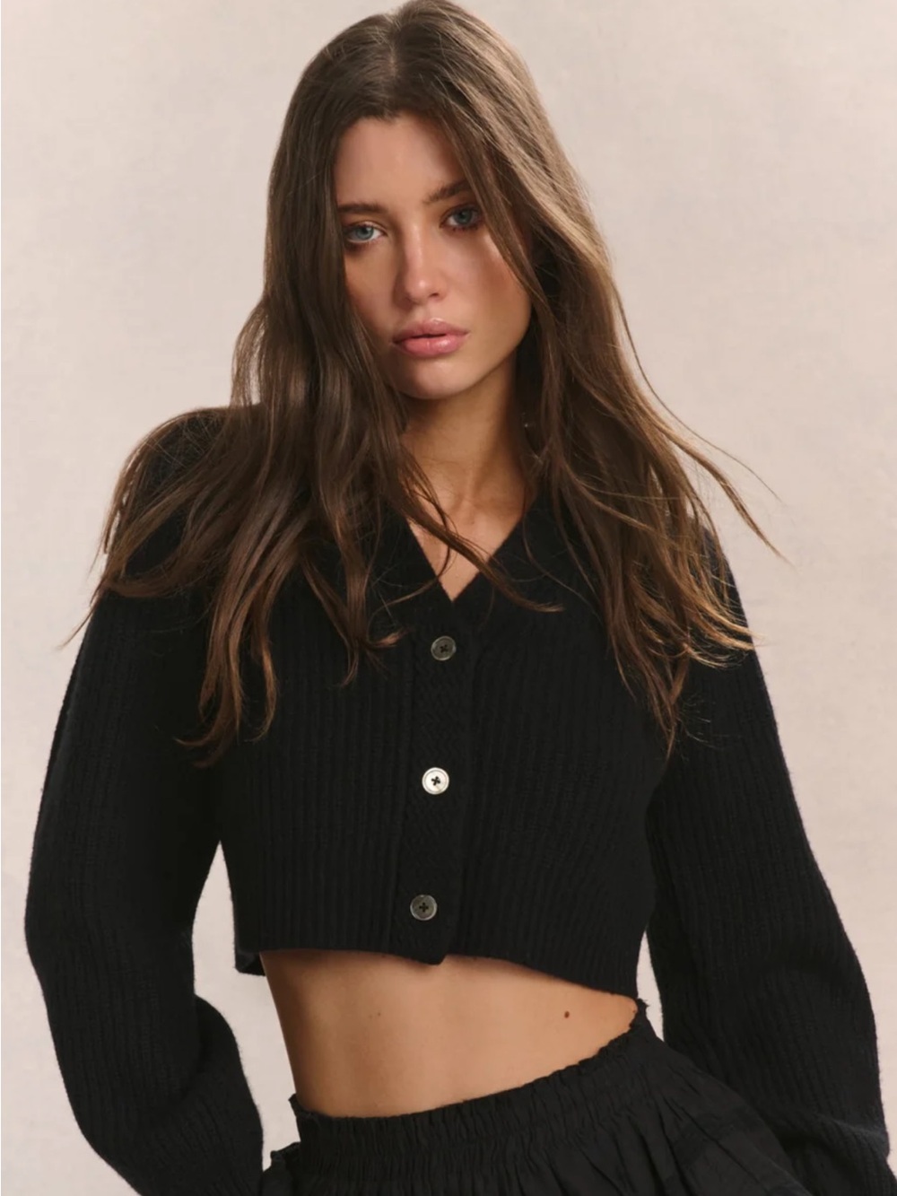 LoveShackFancy Black Cropped Button-Front Cardigan